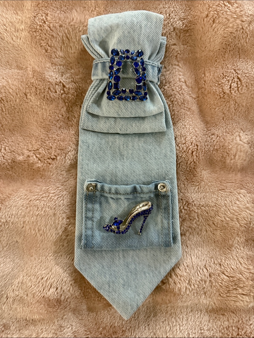 Light Blue Denim Womens Decorative Neck Scarf with Blue Jewel Accents
